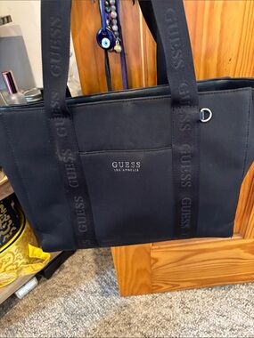 GUESS Black Branded Strap Tote Laptop Bag